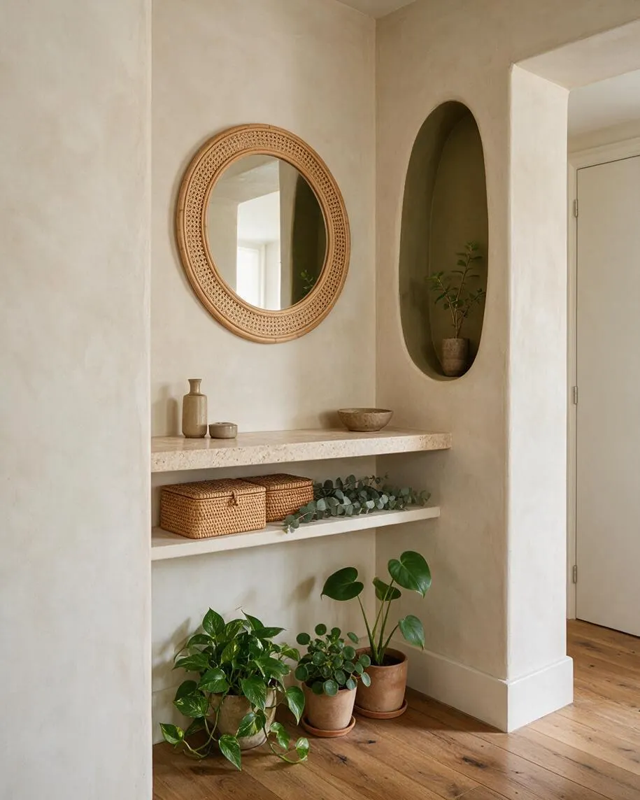 A softly lit entryway with cream plaster walls, a round woven-framed mirror, and an arched wall niche holding a small potted plant. A stone shelf with ceramic vessels sits above a lower shelf with woven baskets and greenery, while several leafy potted plants rest on the warm wood floor.
