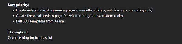 The image displays a task list for a website overhaul project, highlighting priorities and tasks related to SEO and content creation.