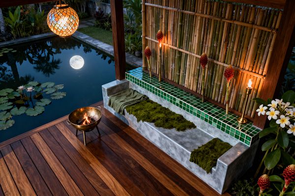 A tropical patio at night shows a built-in polished concrete daybed edged with emerald square ceramic tiles and backed by a vertical bamboo screen. A brass bowl fire pit warms the teak deck while a mosaic glass pendant and small torches cast amber light. Red ginger stems and a frangipani plant add color beside a reflective pond with water lilies and a full moon mirrored on its surface.