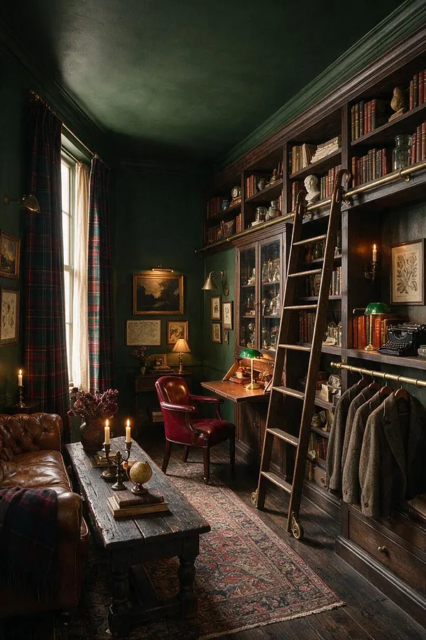 A narrow studio apartment styled like a dark academia library, with deep green walls and ceiling, a wall of dark built-in bookshelves, and a rolling ladder. A worn leather sofa, burgundy chair, rustic wood coffee table, candles, plaid curtains, and vintage desk create a scholarly, intimate atmosphere.