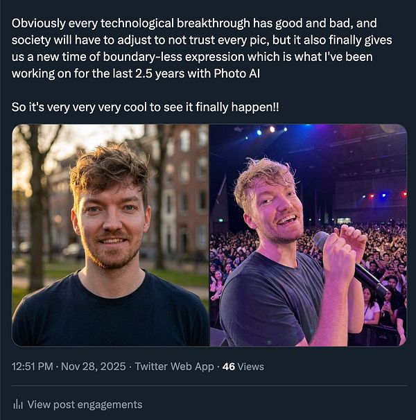 The image features two side-by-side photos of a man, one in a natural setting and the other on stage at a concert.