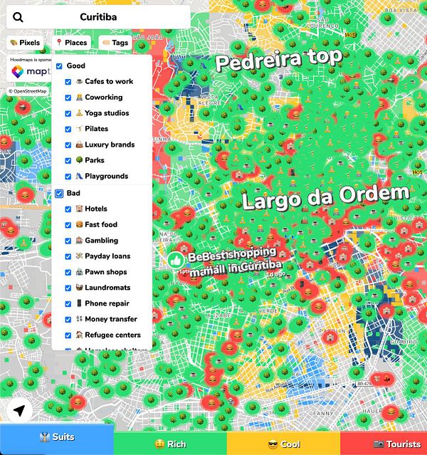 Map visualization labeled 'HOOD-MAPS' showing areas marked in green and red with the red markers placed below the green markers to highlight bad areas beneath good areas.