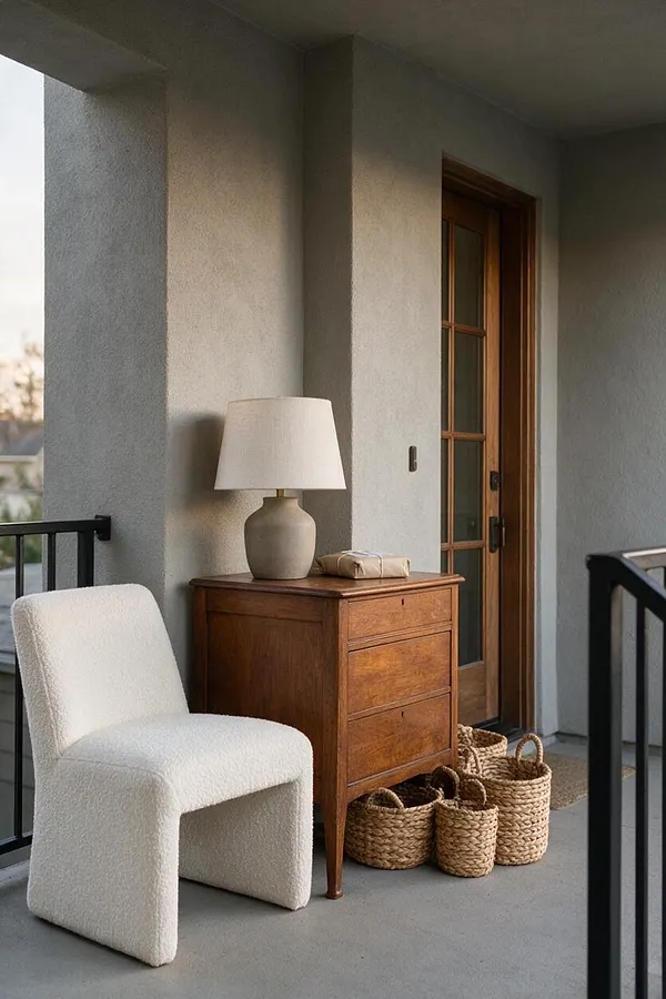 A transitional front porch with gray stucco walls, a wood-framed glass entry door, and black metal railings. A sculptural white boucle chair sits beside a vintage wooden chest topped with a ceramic lamp, with woven baskets tucked below for a relaxed, functional look.