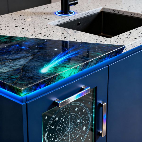 A close-up of a kitchen counter shows a speckled white terrazzo surface with a matte black sink and faucet, highlighted by a glowing blue ring. At the corner, a polished glass insert displays a vivid galaxy pattern in teal, blue, and black. Cobalt blue cabinetry sits below, edged with blue LED lighting. A cabinet door features an illuminated star-chart graphic behind glass, and brushed stainless pulls add shine, creating a sleek, futuristic, celestial look.