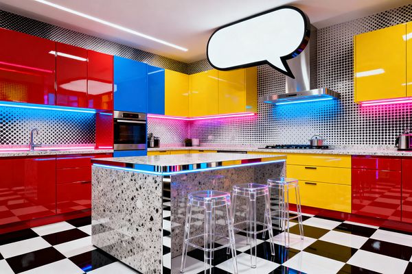 A Pop Art kitchen with glossy red, yellow, and blue cabinets frames a black-and-white Ben-Day dot backsplash and a checkerboard floor. A speckled terrazzo island with mirrored trim is paired with three clear acrylic stools. Under-cabinet LED strips glow in hot pink and ice blue, and a stainless oven and hood line the counters. A large speech-bubble light hovers above, with a slim linear light on the ceiling, completing the bold, graphic, comic-inspired look.