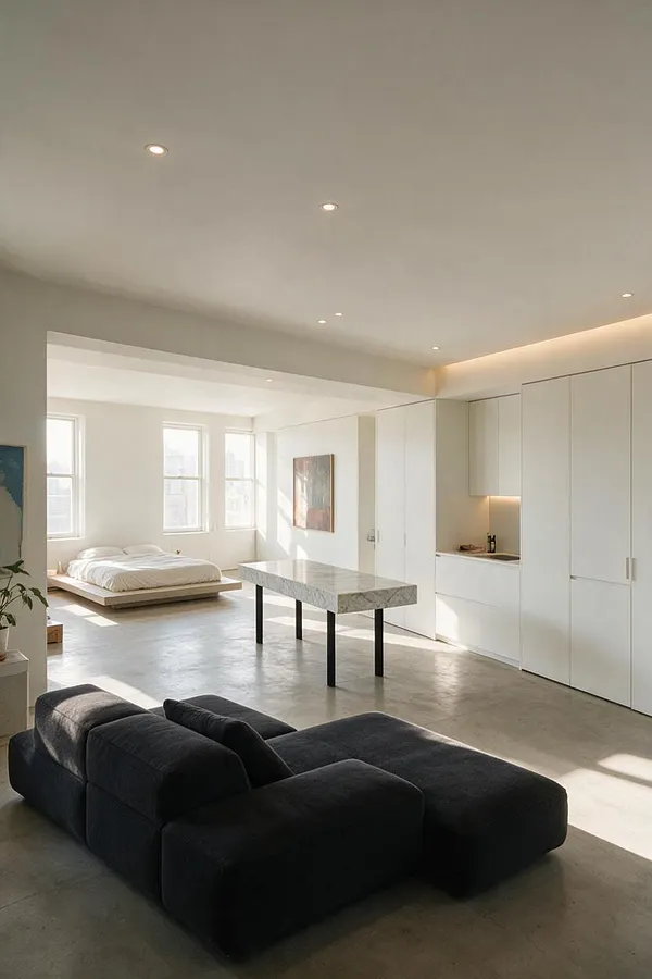 A bright minimalist studio apartment with a low platform bed near three tall windows, a long rectangular marble table on slender black legs in the center, and a large black modular sofa in the foreground. White built-in storage lines the right wall, and warm recessed lighting softens the clean neutral interior.