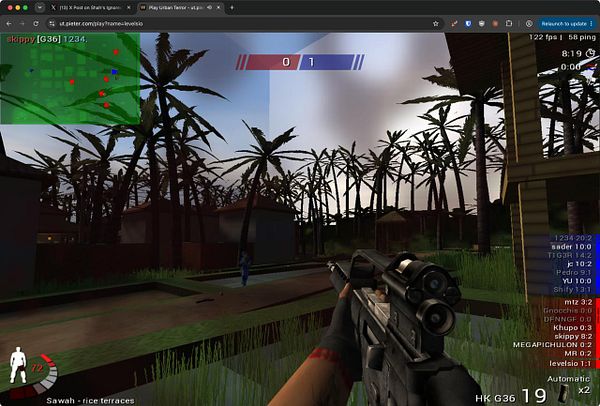 First-person shooter gameplay scene from Urban Terror featuring a tropical map with palm trees and residential buildings during sunset.