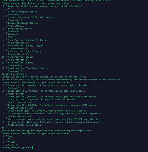 The image displays a terminal interface showing instructions and options for configuring Amazon S3 bucket settings.
