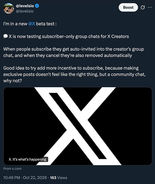 Tweet announcing a new beta test for subscriber-only group chats on X for creators, explaining automatic invitations and removals tied to subscriptions.