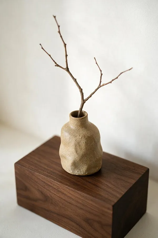 A small textured beige ceramic vase holding a bare branch sits on a dark walnut rectangular block against a soft white background. The composition is minimal and earthy, with natural materials and understated Japandi styling.