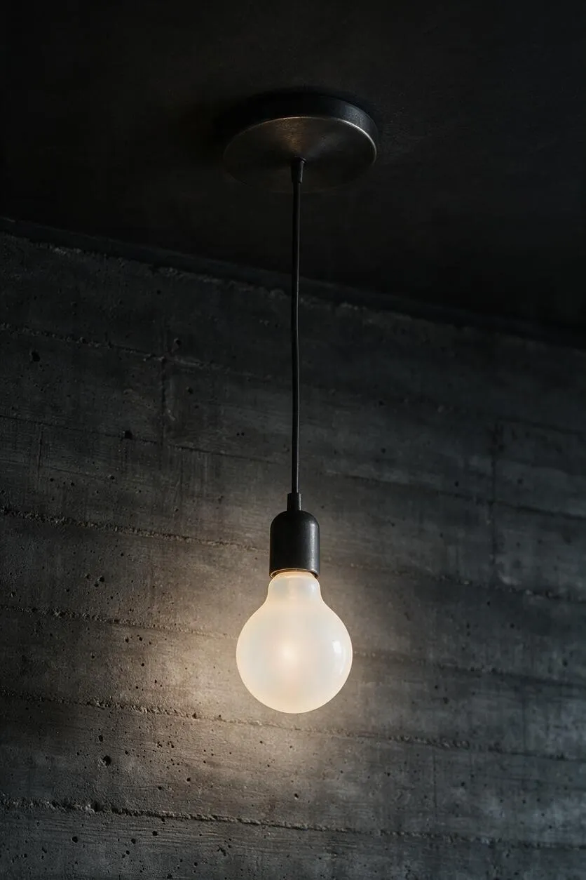 A single pendant light hangs from a dark ceiling on a thin black cord, ending in a simple black socket with an exposed frosted bulb. It glows softly against a raw concrete wall, highlighting the wall’s horizontal formwork lines and pitted texture.
