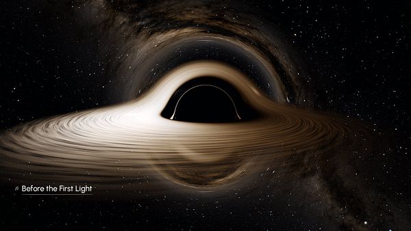A detailed visualization of a black hole with a glowing accretion disk surrounded by stars in space.