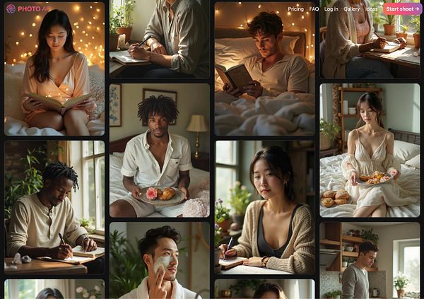 A collage of intimate lifestyle portraits featuring individuals engaged in various activities in cozy, well-lit settings.