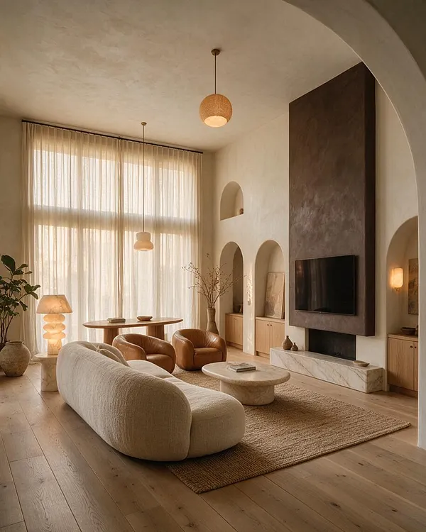 A spacious organic modern media room with a curved cream sofa, two caramel leather lounge chairs, a round stone coffee table, and a woven rug on wide light oak floors. A wall-mounted TV sits on a dark plaster feature wall beside arched niches, sheer floor-to-ceiling curtains, and warm pendant lighting.