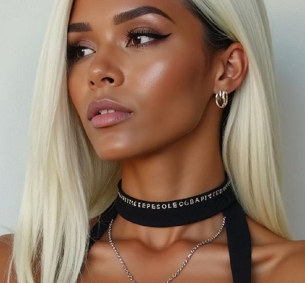 A close-up portrait of a woman with long, straight blonde hair and striking makeup.