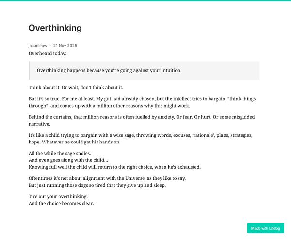 The image features a reflective text on overthinking, discussing its causes and implications.