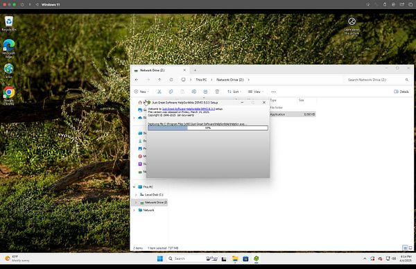 The image displays a Windows 11 desktop with a file transfer in progress for a software installation.