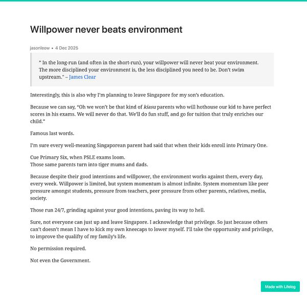 The image features a blog post discussing the impact of environment on willpower, particularly in the context of parenting in Singapore.