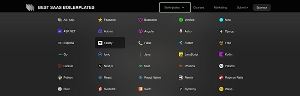 The image displays a user interface for selecting various SaaS boilerplates, highlighting the Fastify framework.