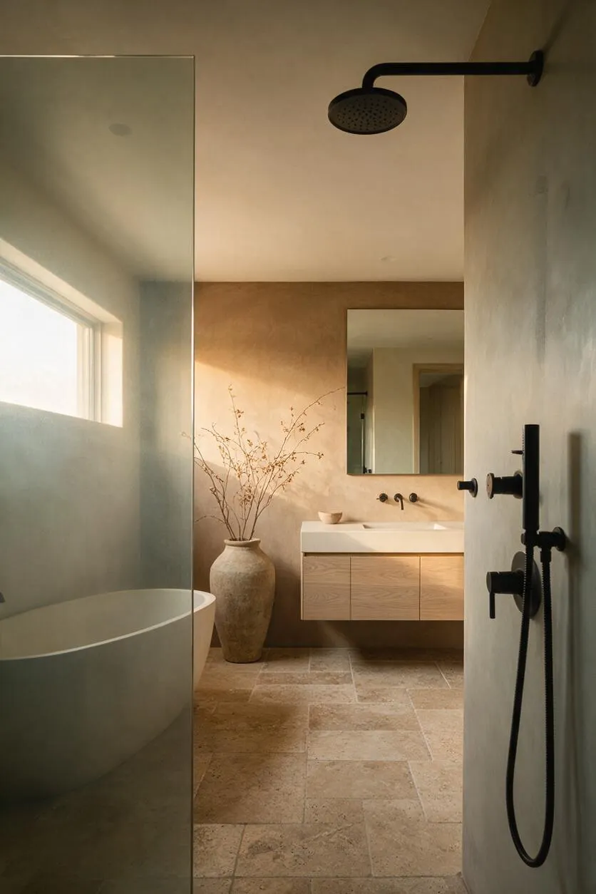 A serene master bathroom with a freestanding tub behind a frosted glass partition, a walk-in shower with matte black fixtures, and a floating wood vanity under a wall mirror. The room features travertine-like floor tiles, warm beige plaster walls, and a tall ceramic vase with branches, creating a natural Organic Modern look.