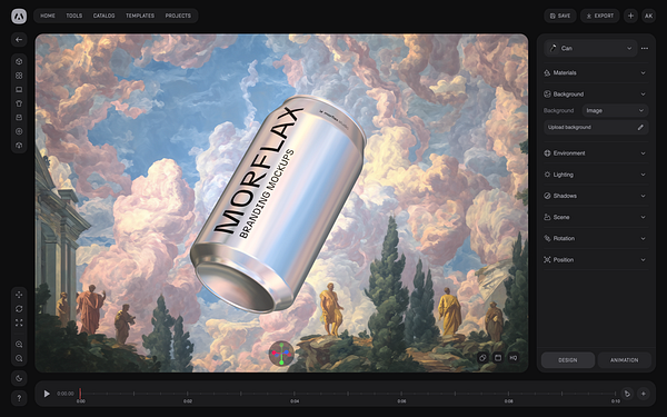 A digital mockup showcases a can with 'MORFLAX' branding against a classical cloud-filled background.