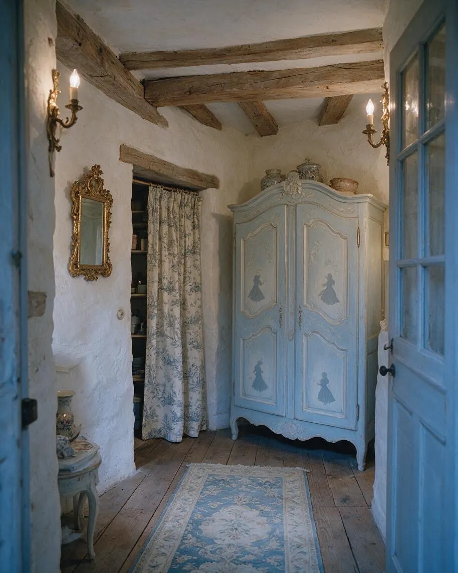 A narrow French Country entryway with rough white plaster walls, exposed wood ceiling beams, and wide plank wood floors. The room features a pale blue painted armoire with decorative panels, a patterned rug, brass wall sconces, a gilded mirror, and a floral curtain covering a small built-in opening.