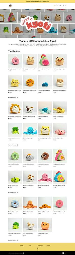 A colorful online store layout showcasing handmade plush toys called 'Kyoties'.