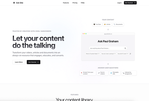 The image displays a landing page for Ask Site, showcasing its features and user interface.