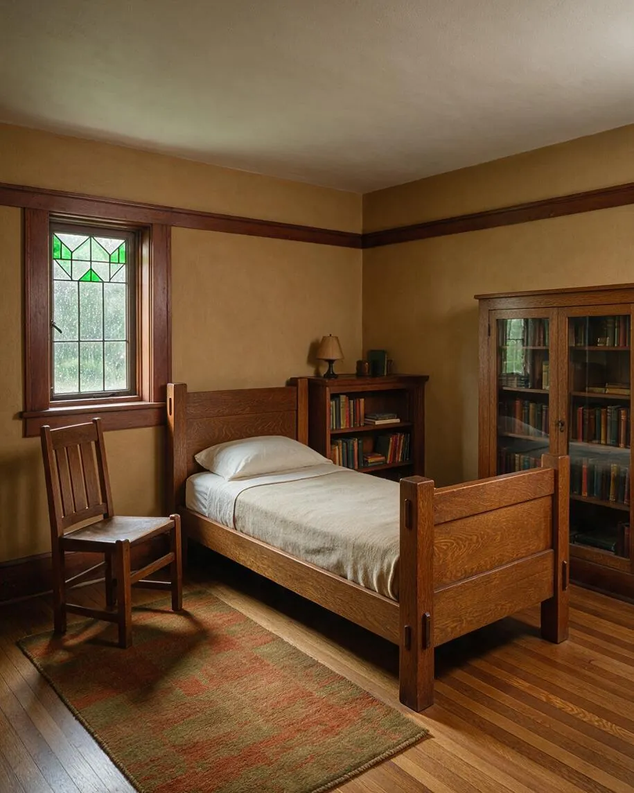 A cozy Craftsman-style bedroom with a single wooden bed, a matching chair, a small bookcase, and a glass-front cabinet filled with books. Warm tan walls, dark wood trim, a stained glass window, and a patterned rug create a calm, traditional atmosphere.