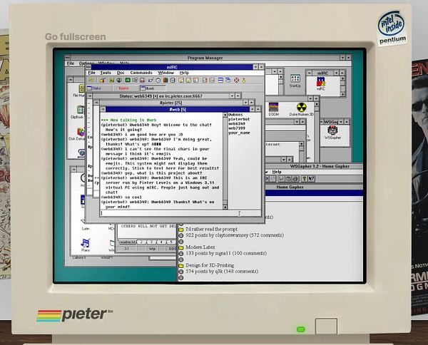 A vintage computer screen displays an IRC chat interface with a conversation involving a bot named pieterbot.