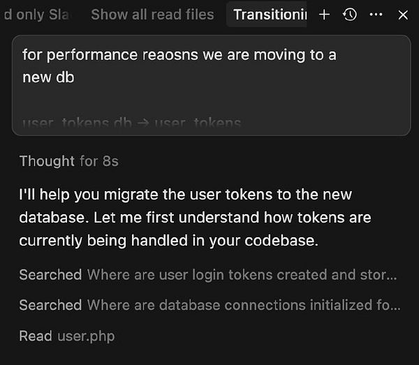 The image displays a Slack interface discussing the migration of user login tokens to a new database for performance improvements.