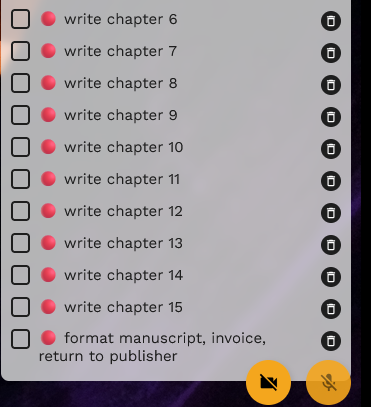 A task list with chapters to write and a formatting task, highlighted in red.