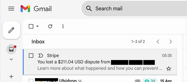 The image displays a Gmail inbox with a notification about a lost dispute.
