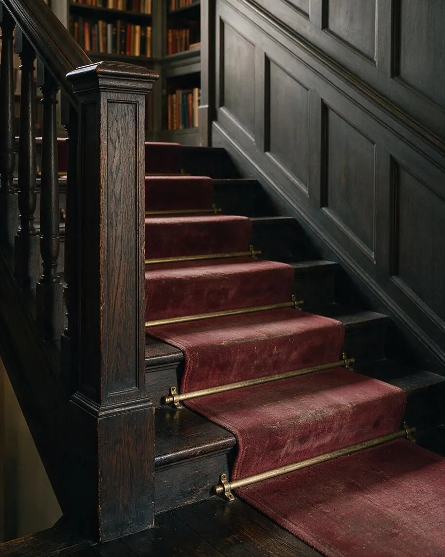 A dark academic staircase with deep burgundy velvet stair runner, brass stair rods, and rich black-stained wood banister and paneling. Bookshelves filled with old books appear in the background, creating a scholarly, moody atmosphere.