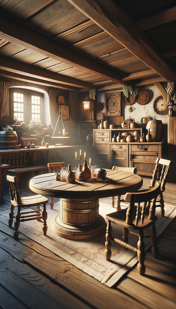 A rustic, wooden Tavern Table set in a cozy corner with ambient lighting, surrounded by traditional chairs and vintage decor