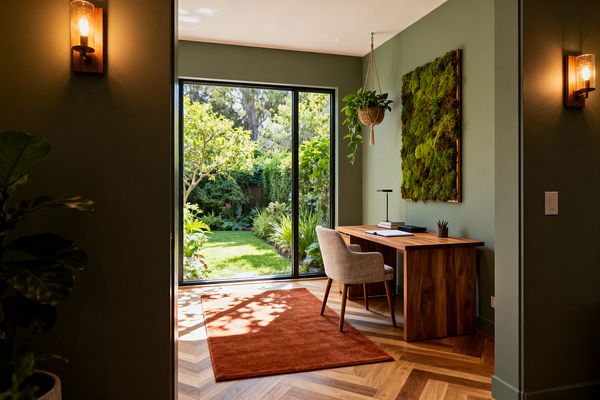 A serene home office with sage-green walls features floor-to-ceiling black-framed sliding glass doors overlooking a sunny garden. Inside, a solid walnut desk with a slim black task lamp and a light beige upholstered chair sits on a rust wool rug atop herringbone oak flooring; a large framed preserved-moss wall piece and a hanging plant add greenery, while warm glass-and-wood sconces illuminate the entry.