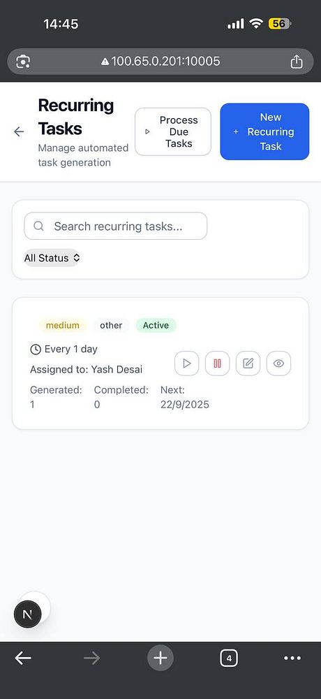 The image displays a user interface for managing recurring tasks in an ERP system.