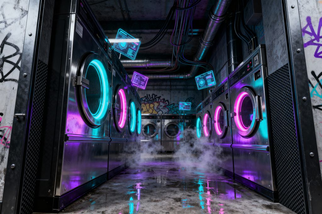 A narrow, industrial laundromat shows rows of stainless-steel front-loading machines on both sides. Neon cyan and magenta rings light the porthole doors, reflecting across a wet concrete floor with low-lying steam. Overhead, exposed metal ducts and bundled cables run the length of the ceiling. Concrete walls marked with graffiti add grit, while several floating, blue holographic-style screens hover above the machines, creating a futuristic cyberpunk atmosphere.