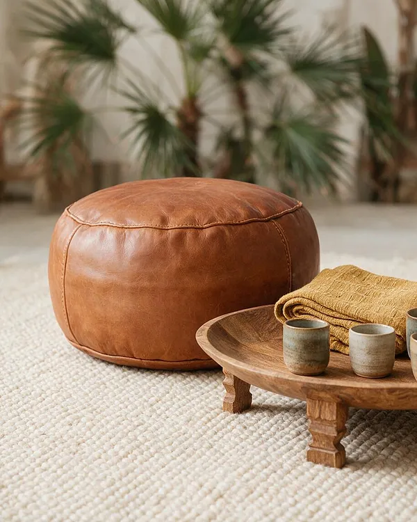 A cozy bohemian-style floor vignette with a round cognac leather pouf on a textured cream rug beside a low carved wooden tray table. The tray holds small ceramic cups and a folded mustard textile, with blurred palm plants in the background.