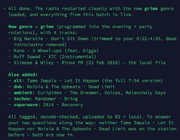 Terminal output showing a completion message and details of new songs added to a radio station's music library categorized by genre.