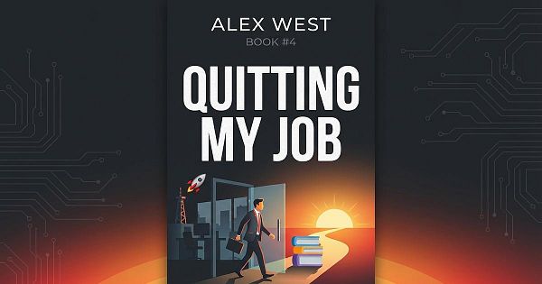 A book cover titled 'Quitting My Job' by Alex West, featuring a businessman exiting an office at sunset.