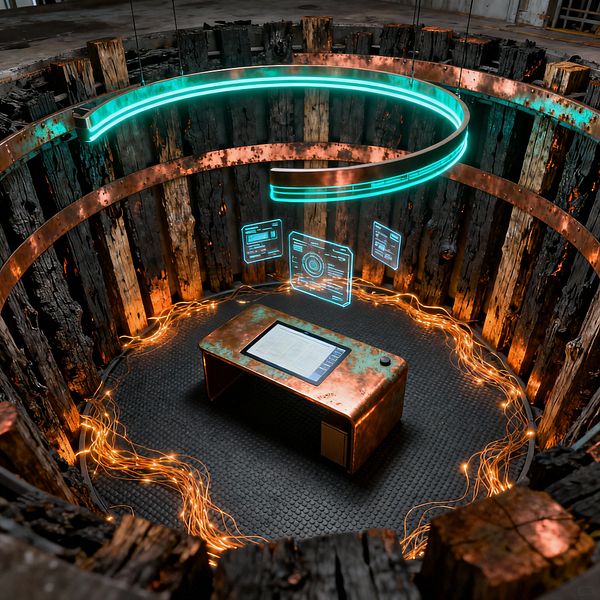 A circular home office sits inside a ring of charred timber posts, centered on a patinated copper desk with an embedded touchscreen. Teal holographic screens hover over black coin-pattern rubber flooring as amber LED cables coil around the edge; suspended oxidized metal arcs with neon accents cast a futuristic glow in an otherwise raw industrial setting.