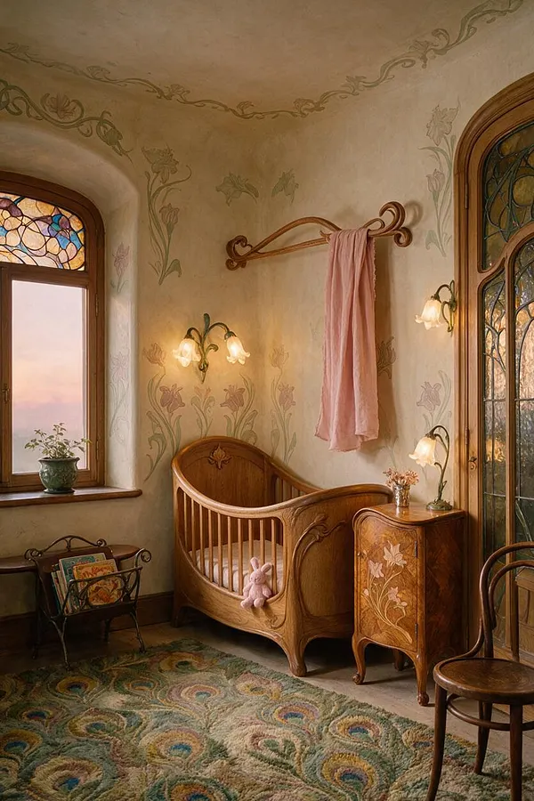 An Art Nouveau nursery with a carved wooden crib, floral painted walls, stained glass windows, and warm brass-glass sconces. A pink cloth hangs on the wall, a patterned rug covers the floor, and a small cabinet and chair complete the vintage, romantic room.