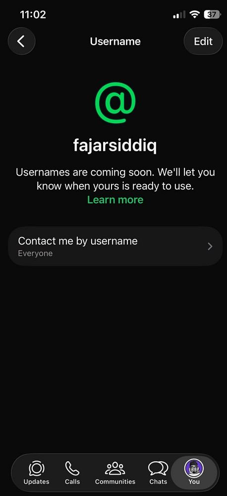 Screenshot of WhatsApp username setup interface showing a custom username form and sharing options.