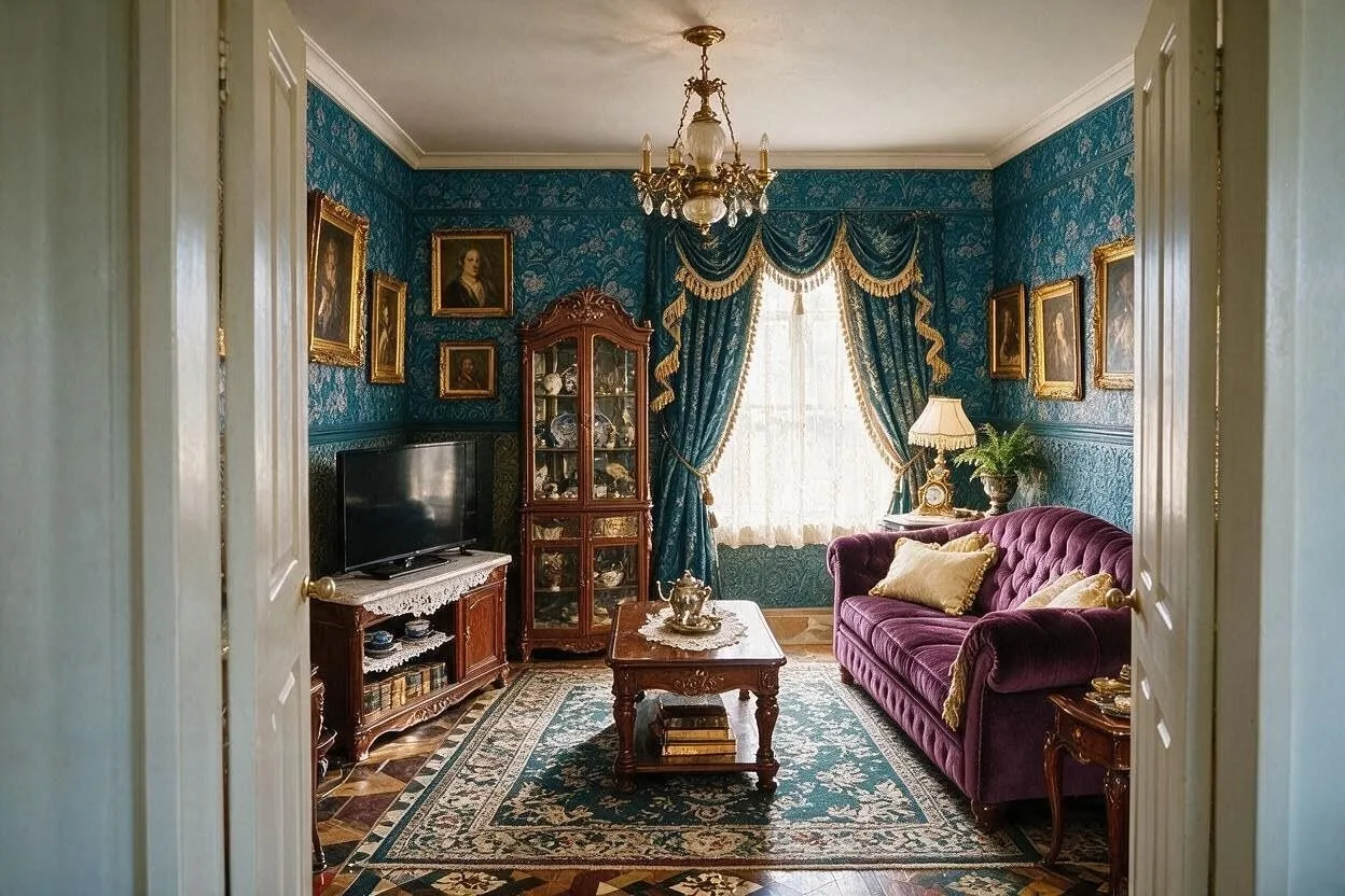 The same Victorian living room in the Peacock palette: peacock teal, plum, mahogany, gold, and cream