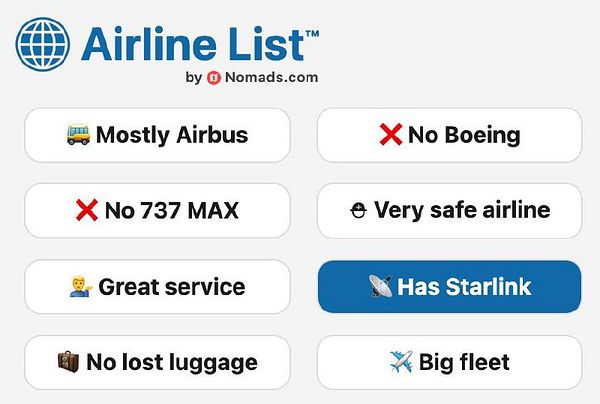 The image displays a filter selection interface for an airline list with various attributes.