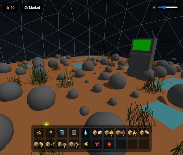 A virtual environment featuring a terminal and various objects on a sandy terrain.