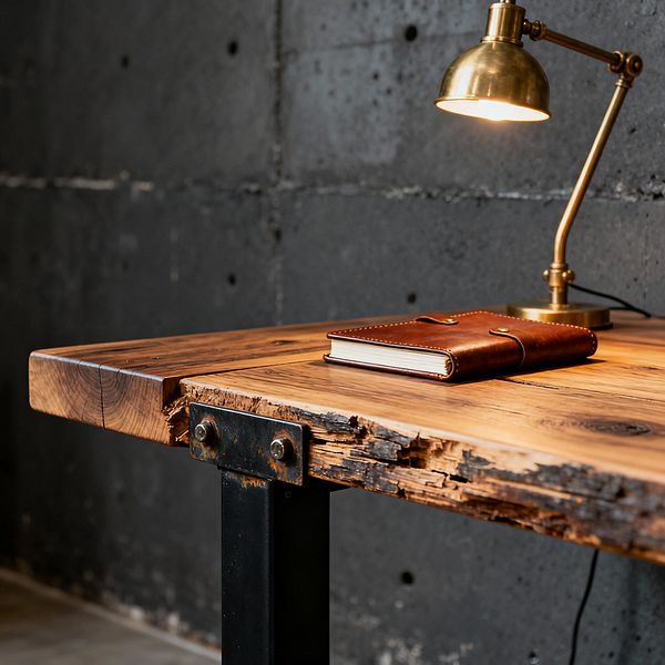 A close-up of an industrial-style home office desk shows a thick reclaimed wood tabletop with a heavily weathered front edge, bolted to black steel legs. On the right, a brass adjustable task lamp casts warm light over a brown leather notebook with a wrap cover. The background is a dark charcoal cast-concrete wall with visible formwork marks, creating a moody, workshop-like atmosphere that emphasizes raw materials and texture.