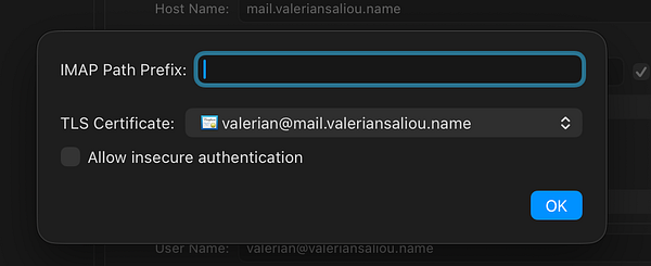 A configuration window for IMAP account settings with fields for IMAP Path Prefix, TLS Certificate selection, and an option to allow insecure authentication.