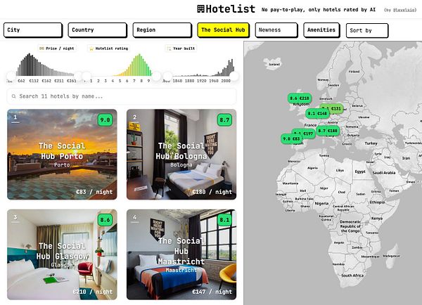 User interface of Hotelist displaying AI-rated hotels from The Social Hub chain with prices and ratings on a Europe map and list view.